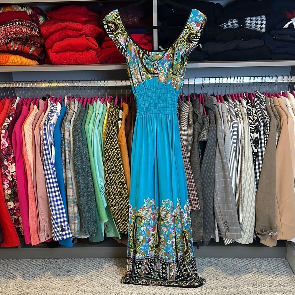 Unbranded turquoise/multicolored print sleeveless smocked waistband maxi dress M